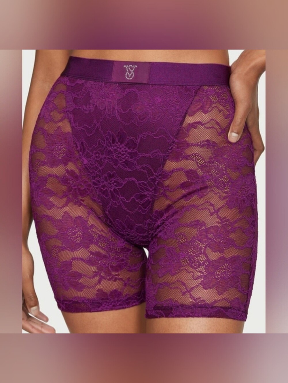 S Victoria's Secret Shine Patch Lace Boxer Brief Panty Purple
